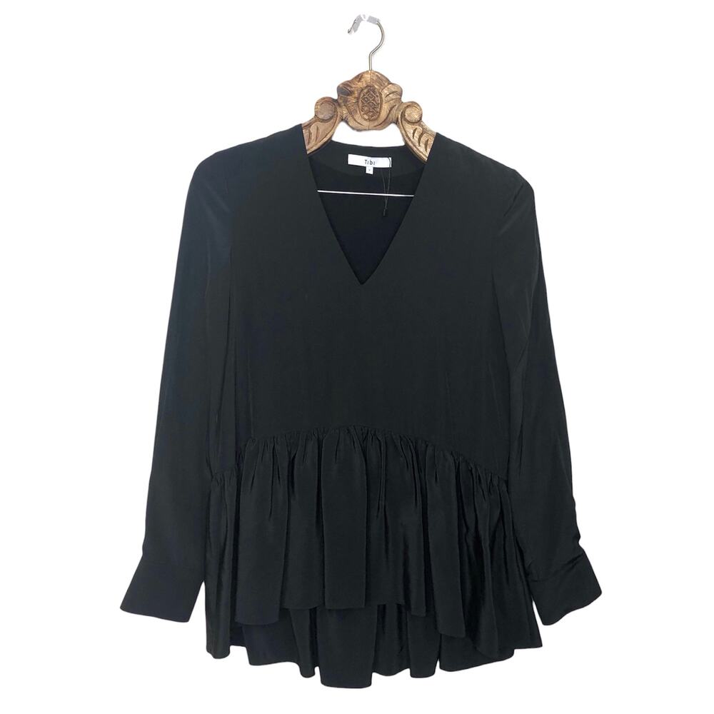 Tibi Blouse Black Silk Peplum V Neck Button Cuffs High Low Top Long Sleeve 2